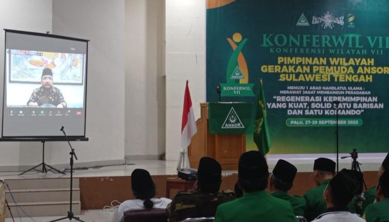 Menteri Agama sekaligus Ketua Umum PP GP Ansor hadiri Konferwil PW GP Ansor Sulteng secara virtual, Rabu (28/9/2022) malam/hariansulteng