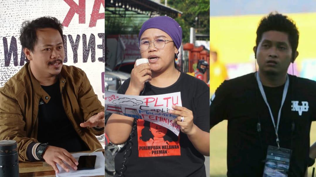 Kiri ke kanan | Ketua AJI Palu Agung Sumandjaya, Koordinator Perempuan Mahardhika Stevi Rasinta, dan Ketua IJTI Sulteng Rolis Muchlis. (Sumber: Istimewa)